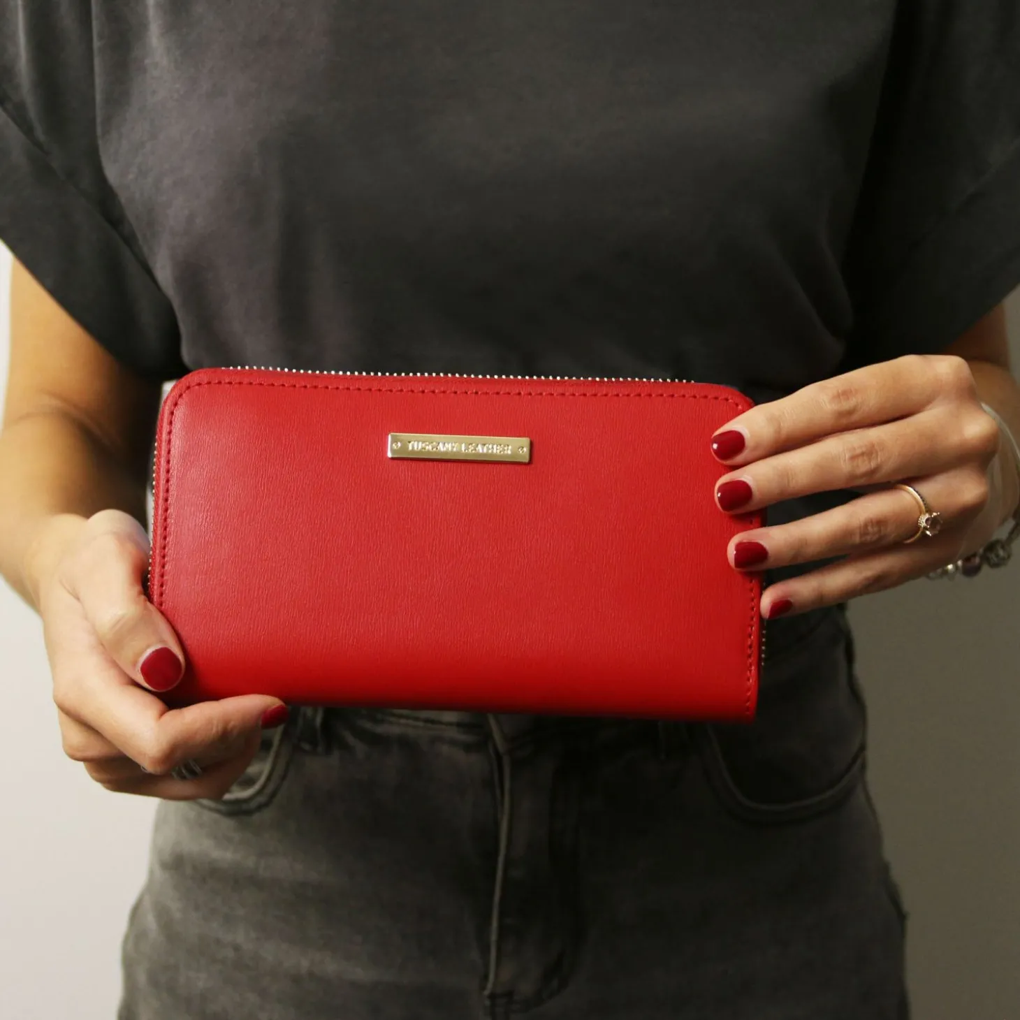 Double zip Around Leather Wallet