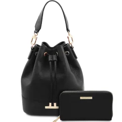 Leather Bucket bag and Exclusive zip Around Leather Wallet