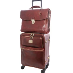 4 Wheels Leather Trolley and Leather TL SMART Laptop Briefcase